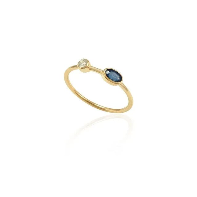 14k Solid Yellow Gold Dainty Blue Sapphire and Diamond Everyday Ring Size 7 For Sale - Image 4 of 7