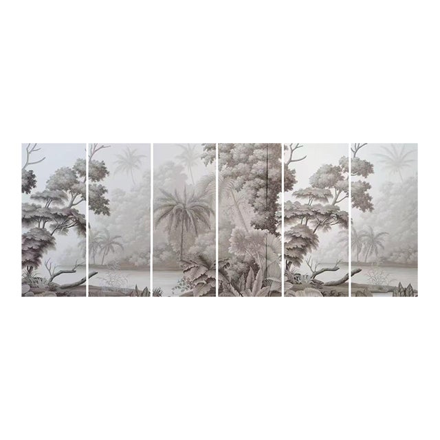 36" * H108" *6ps, Hand-Painted Retro Grey Tone Palm Rainforest Wall Mural, Low-Saturation Misty Tropical Plant Wall Covering For Sale