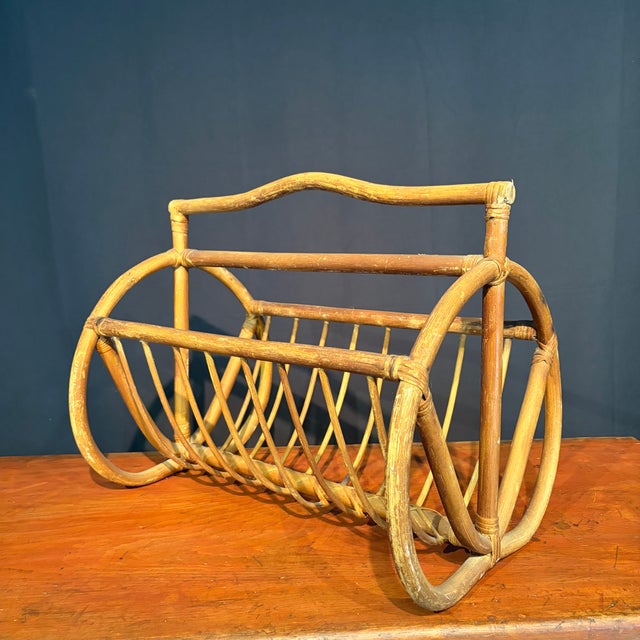 Coastal Antique Bent Rattan Cane Magazine Rack For Sale - Image 3 of 7