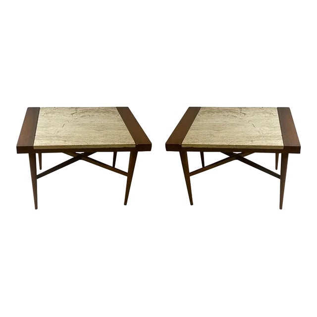 1960s Mid-Century Modern Travertine & Wood Tables - A Pair For Sale
