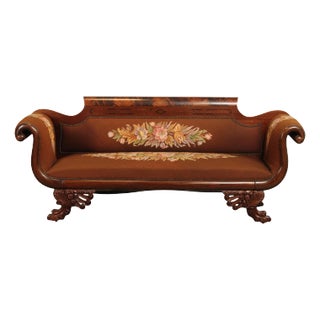 American Empire Carved Mahogany and Needlepoint Sofa For Sale