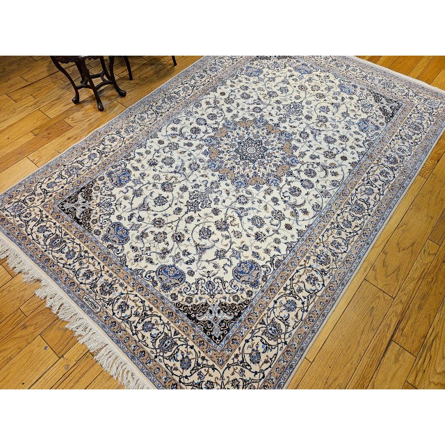 Vintage Exceptionally Fine Persian Nain Habibian Area Rug, Hand-Knotted Wool & Silk, Floral Pattern, 7x10, Ivory & Blue For Sale In Chicago - Image 6 of 16