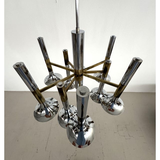 Metal Large Italian Chrome and Brass Trumpet Chandelier attributed to Lumi Milano, 1970s For Sale - Image 7 of 18