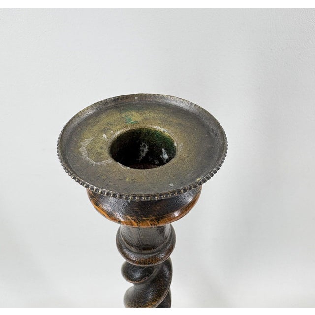 English Pair of Antique English Oak Barley Twist Candlesticks With Brass Inserts, 12.5" For Sale - Image 3 of 6