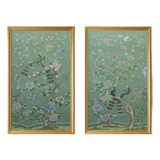 W30"* H60", Emerald Green Peacock Peony 2-Panel Chinoiserie Wallpaper Panels ,No Frame, Tea Paper For Sale