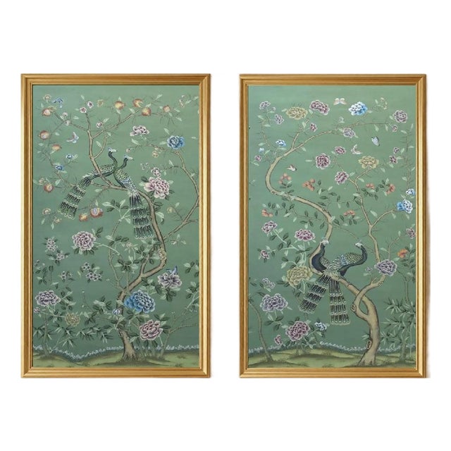 W30"* H60", Emerald Green Peacock Peony 2-Panel Chinoiserie Wallpaper Panels ,No Frame, Tea Paper For Sale