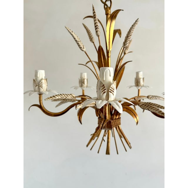1960s Vintage Gilt Wheat Sheaf Chandelier with White Floral Details, France, 1960s For Sale - Image 5 of 13