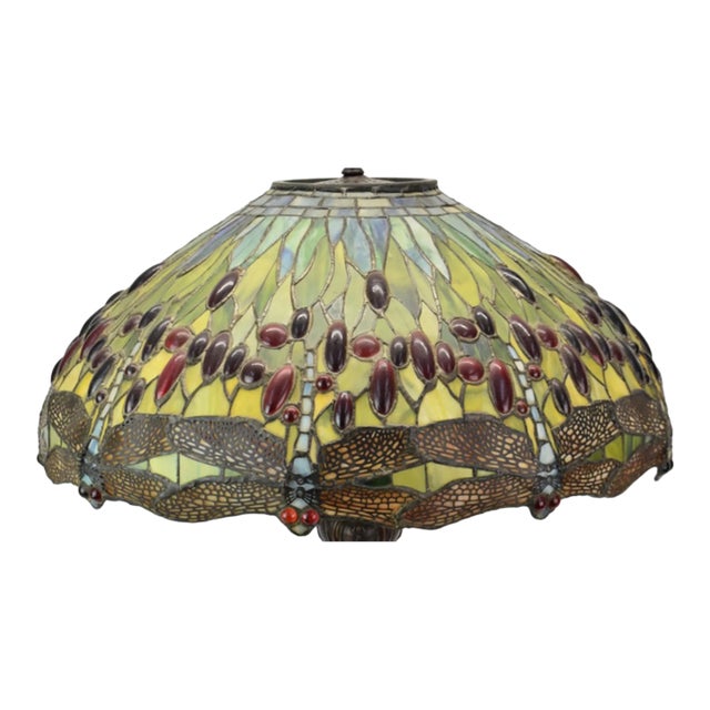 Vintage Large Tiffany Studios Style Stained Leaded Glass Lamp Shade Dragonfly For Sale