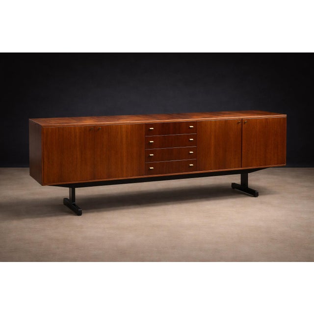 Cimo Brazilian Rosewood Credenza with Ebony-Finished Legs and Brass Hardware, Brazil, 1960s — Architectural Storage with Eight Compartments - Lot 319 For Sale - Image 12 of 17