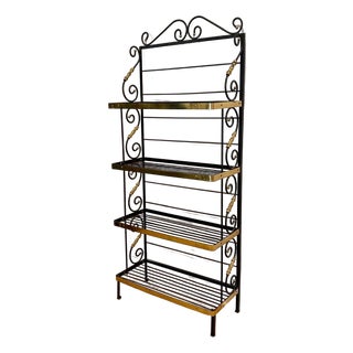 Vintage French Style Four Tier Scrolled Wrought Iron & Brass Baker's Rack For Sale