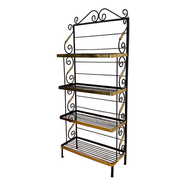 Vintage French Style Four Tier Scrolled Wrought Iron & Brass Baker's Rack For Sale