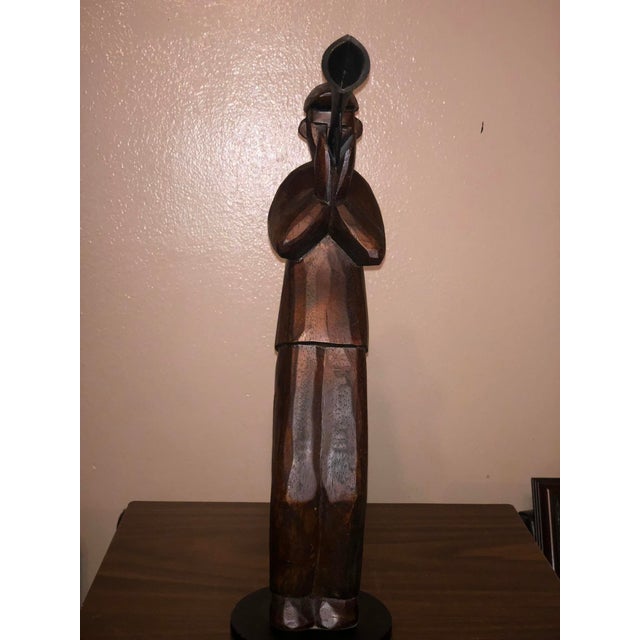 A striking vintage mixed-media sculpture depicting a jazz trumpet player in a dynamic, sweeping performance pose. Standing...