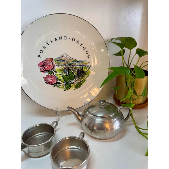 Portland, Oregon Illustrated Decorative Plate With Roses & Mt. Hood, Silver Rim For Sale - Image 4 of 5
