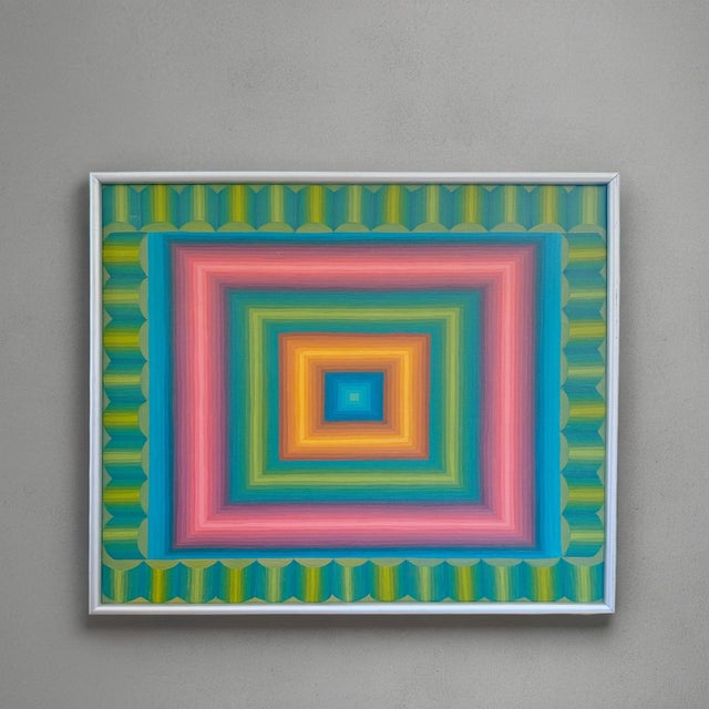 Vintage abstract geometric painting signed “LaFollette,” likely early 1980s. The piece features vibrant concentric squares...