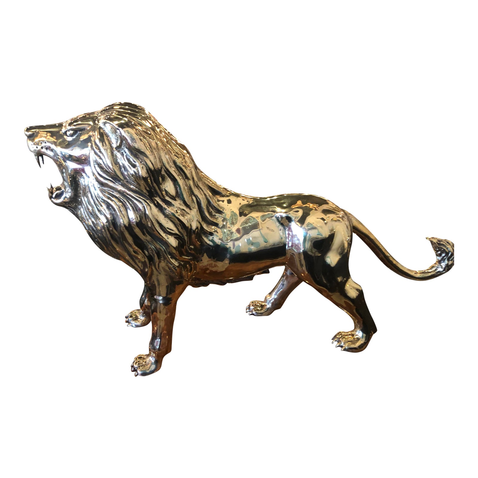 Vintage Polished Brass Monumental Roaring Lion Animal Statue Chairish