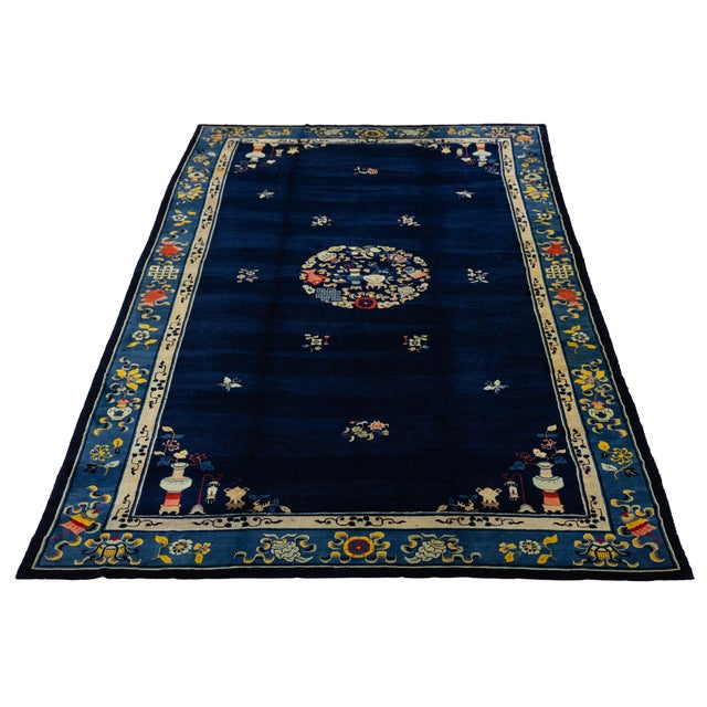 Antique Chinese Art Deco Rug in Deep Blue With Medallion & Botanical Motifs For Sale In New York - Image 6 of 13