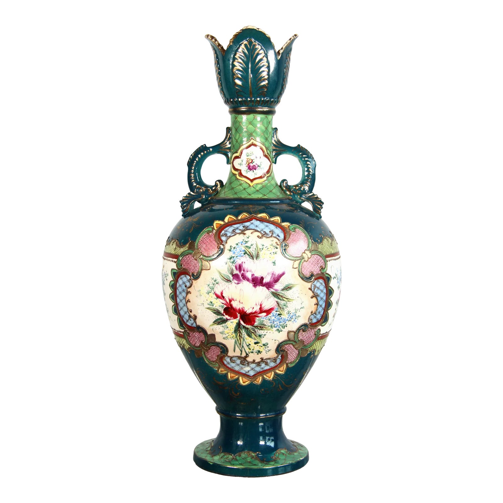 Antique Japanese Moriage Hand Painted Dolphin Handled Vase