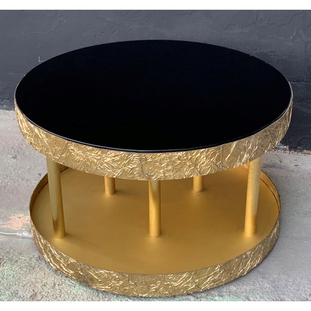 2010s Bronze and Metal Round Center Table with Black Glass and Base with Light For Sale - Image 5 of 18