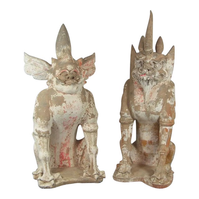 Tang Dynasty Terra Cotta Earth Spirit Sculptures - a Pair For Sale