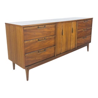 Mid Century 9 Drawers Double Door Compartment Walnut Burl Inlay Dresser For Sale
