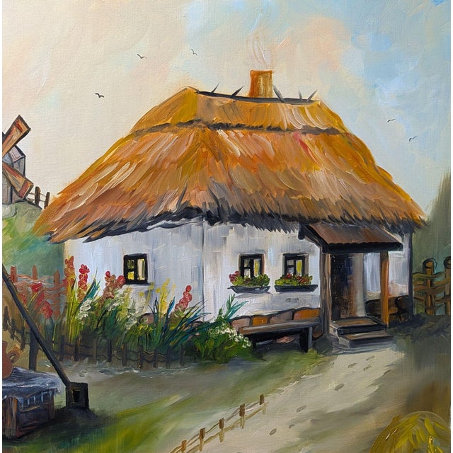 Tetiana Andriyovych Rustic Village Scene With Thatched Roof House, Windmill, Cow – Autumn Landscape Art For Sale - Image 4 of 8