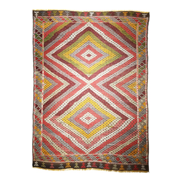 1960s Handmade Emproidery Vintage Turkish Floor Kilim-6' X 8' 3'' For Sale