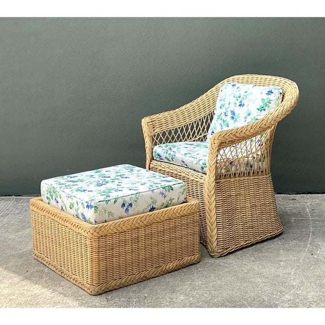 Wood Vintage Woven Rattan Chair and Ottoman in Schumacher “Garden Gate” For Sale - Image 7 of 15