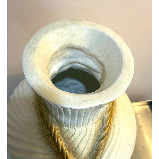 Cream/Gold Rope Trompe l'Oeil Large Plaster Vase For Sale - Image 4 of 5