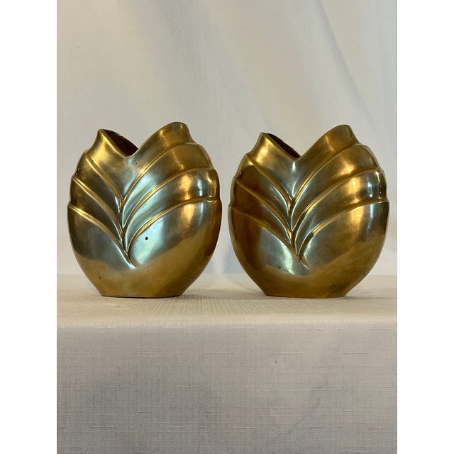 Introducing the exquisite "Vintage Hollywood Regency Art Deco Style Polished Brass Vases - A Captivating Pair Inspired by...