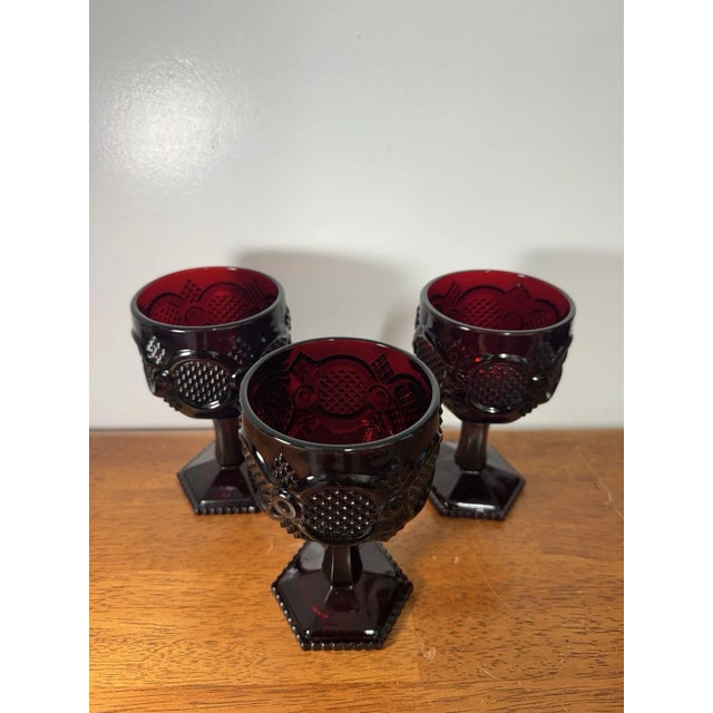 Abstract Vintage Ruby Red Pressed Glass Goblets Diamond Pattern Pedestal Stemwar - Set of 3 For Sale - Image 3 of 18