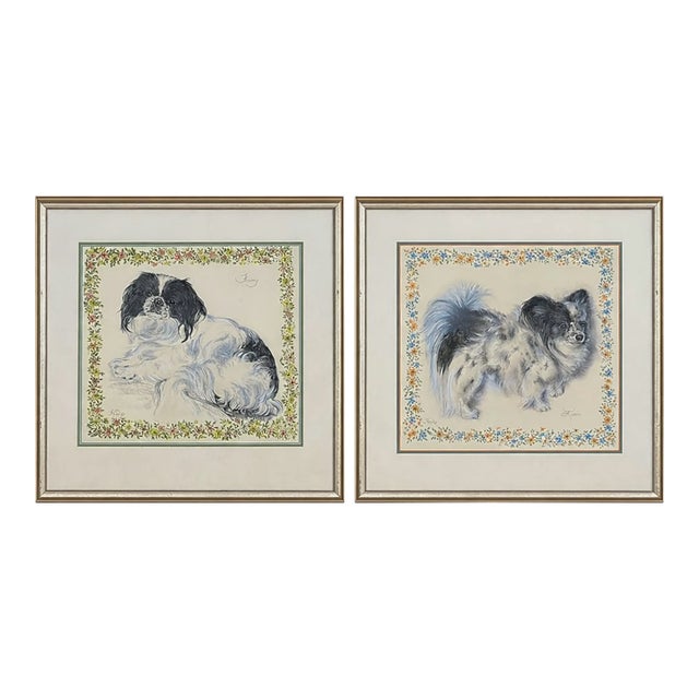 Victorian English Style Signed & Framed Dog Watercolors Spaniel and Pomeranian - Set of 2 For Sale