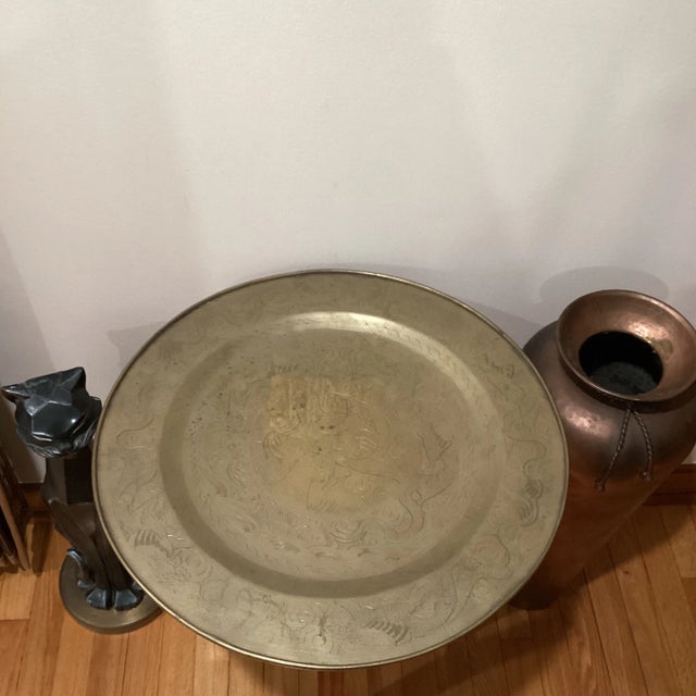 Antique Big & Heavy Chinese Etched Brass Tray Asian Motif For Sale - Image 10 of 12