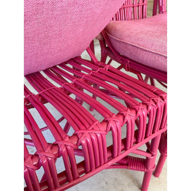 Hot Pink Vintage Pink Painted Rattan Side Chairs With Upholstered Seats – Pair For Sale - Image 8 of 12