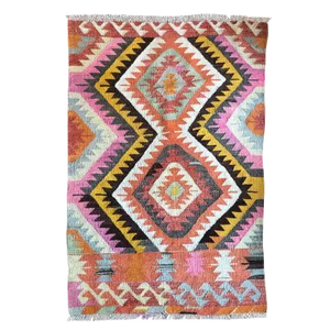 Turkish Kilim Geometric Flat Weave Tribal Rug in Pastel Pink Yellow Black and Orange - 3′5″ × 5′