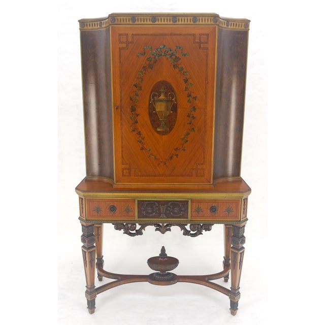 Adams Style Hand Painted Decorated Satinwood Cabinet Large Stretcher Finial MINT For Sale - Image 11 of 16