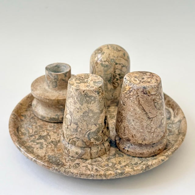 Mid-Century Modern Vintage Fossil Coral Marble Condiment Set With Tray, Salt & Pepper Shakers and Toothpick Holder - Set of 4 For Sale - Image 3 of 12