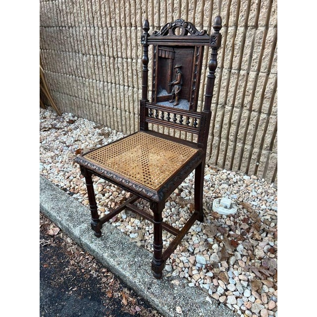 Early 20th Century Pair of Antique French Renaissance Style Carved Cane Seat Brittany Side Chairs For Sale - Image 10 of 12