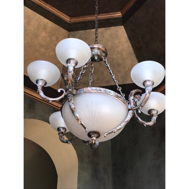 Late 20th Century Late 20th Century Neo-Classical Cast Bronze Chandelier With Frosted Crystal Hand-Cut Globes For Sale - Image 5 of 13