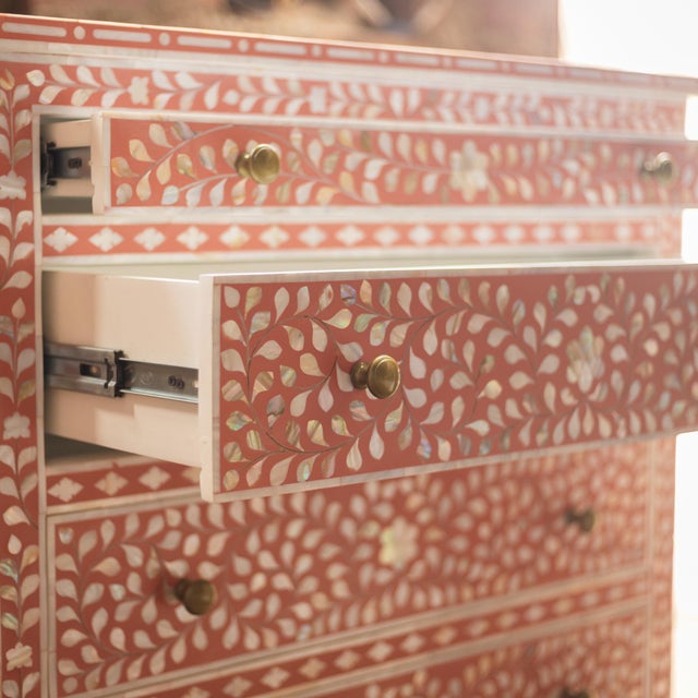 Arabesque Inlay Five-Drawer Tallboy - Coral by House of Jaipur For Sale - Image 4 of 10