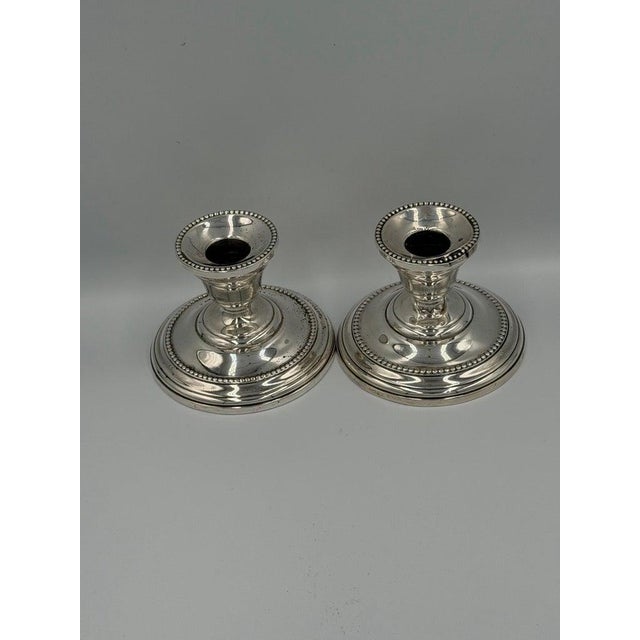 Neoclassical Antique Sterling Silver Candlesticks With Beaded Rim Detail - a Pair For Sale - Image 3 of 13