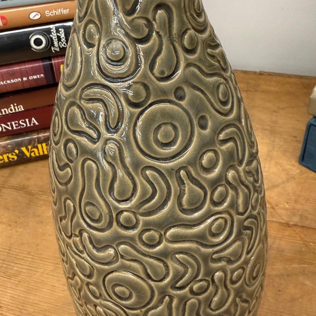 Green Warm Olive-Taupe Ceramic Vase with Organic Abstract Pattern For Sale - Image 8 of 9