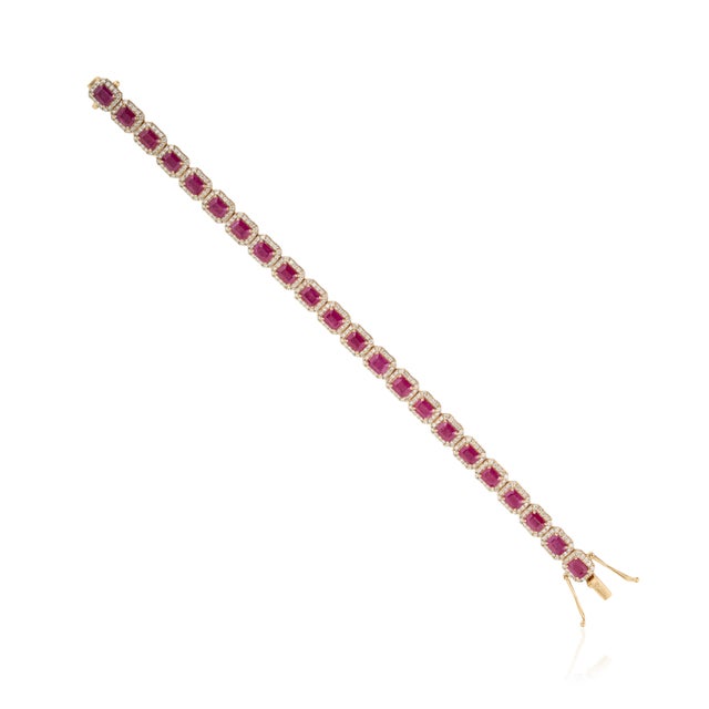 Luxury 10.41ct Ruby & 2.11ct Diamond Geometric Link Tennis Bracelet in 14k Gold For Sale - Image 4 of 14