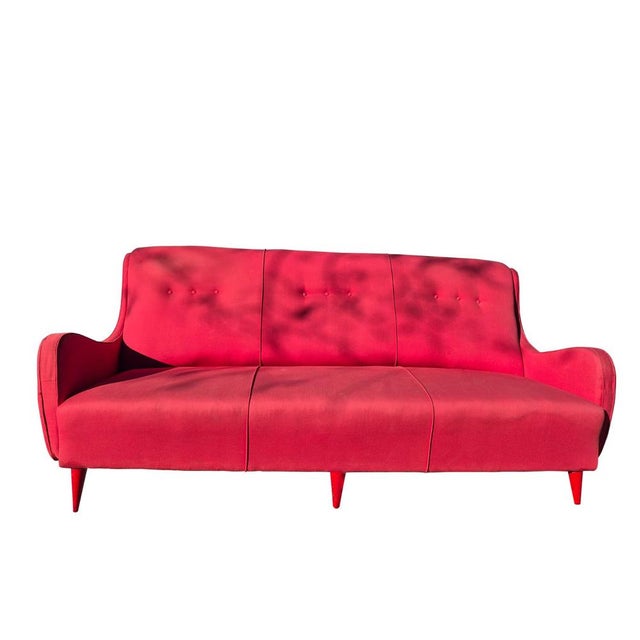 Vintage Italian Three-Seater Sofa in Red Fabric, 1940s For Sale - Image 4 of 13