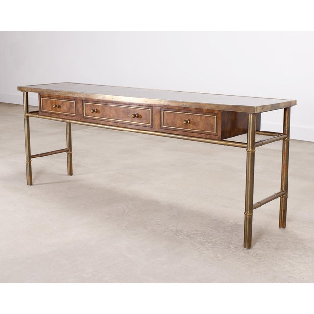 Mid-Century Modern Mastercraft Etched Bronze Burlwood Console or Writing Desk 6 Ft For Sale - Image 3 of 18