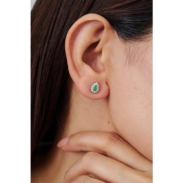 Vintage Style Pear Cut Emerald Diamond Halo Studs in Sterling Silver, a Pair For Sale - Image 9 of 13