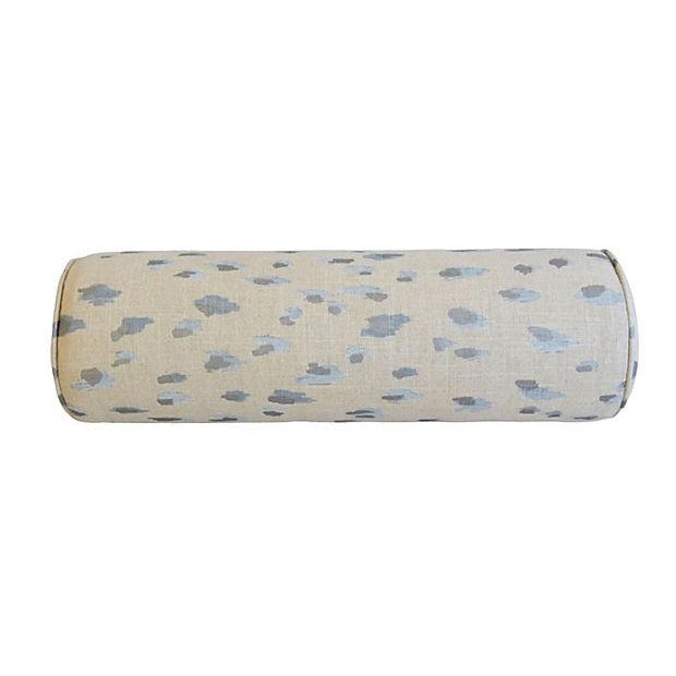Blue & Silver Animal Cat Spot Linen & Velvet Feather/Down Bolster Pillow For Sale - Image 4 of 6
