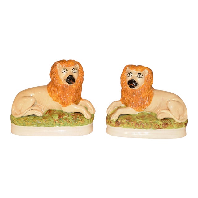 19th C Staffordshire Lions - a Pair For Sale