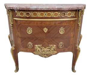 Antique French Acajou and Tulipwood Gilt Bronze Mounted Marble Top Commode in the Style of Paul-Charles Sormani