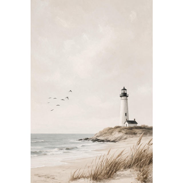 Coastal Lighthouse Wall Art, Minimalist Seascape Art Print, 24″ × 36″ For Sale
