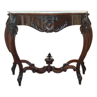19th French Regency Carved Walnut Console Table with Drawer & Marble Top For Sale